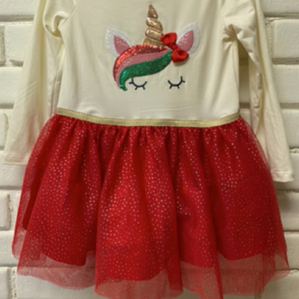 2T Toddler Unicorn Sequence Red Tule Christmas Dress